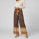 Women's Floral High Waist Wide Leg Trousers Tie Belt
