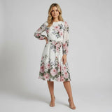 Women's Floral A-Line Midi Dress Long Sleeve Tie Belt