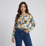 Women's Geometric Print Long Sleeve Crew Blouse