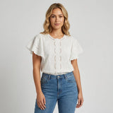 Women's Broderie Blouse Flutter Sleeve Scalloped Hem