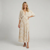 Women's Tropical Print A-Line Maxi Dress 3/4 Sleeve