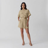 Women's Utility Shirt Romper Tie Waist Button Front
